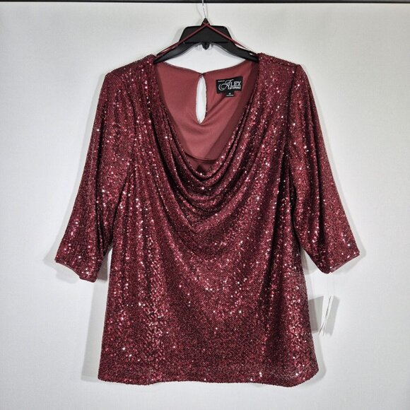 Alex Evenings Women's Size 1X Red Sequined Cowl Neck Blouse Tunic Top Plus (46) - Picture 6 of 14